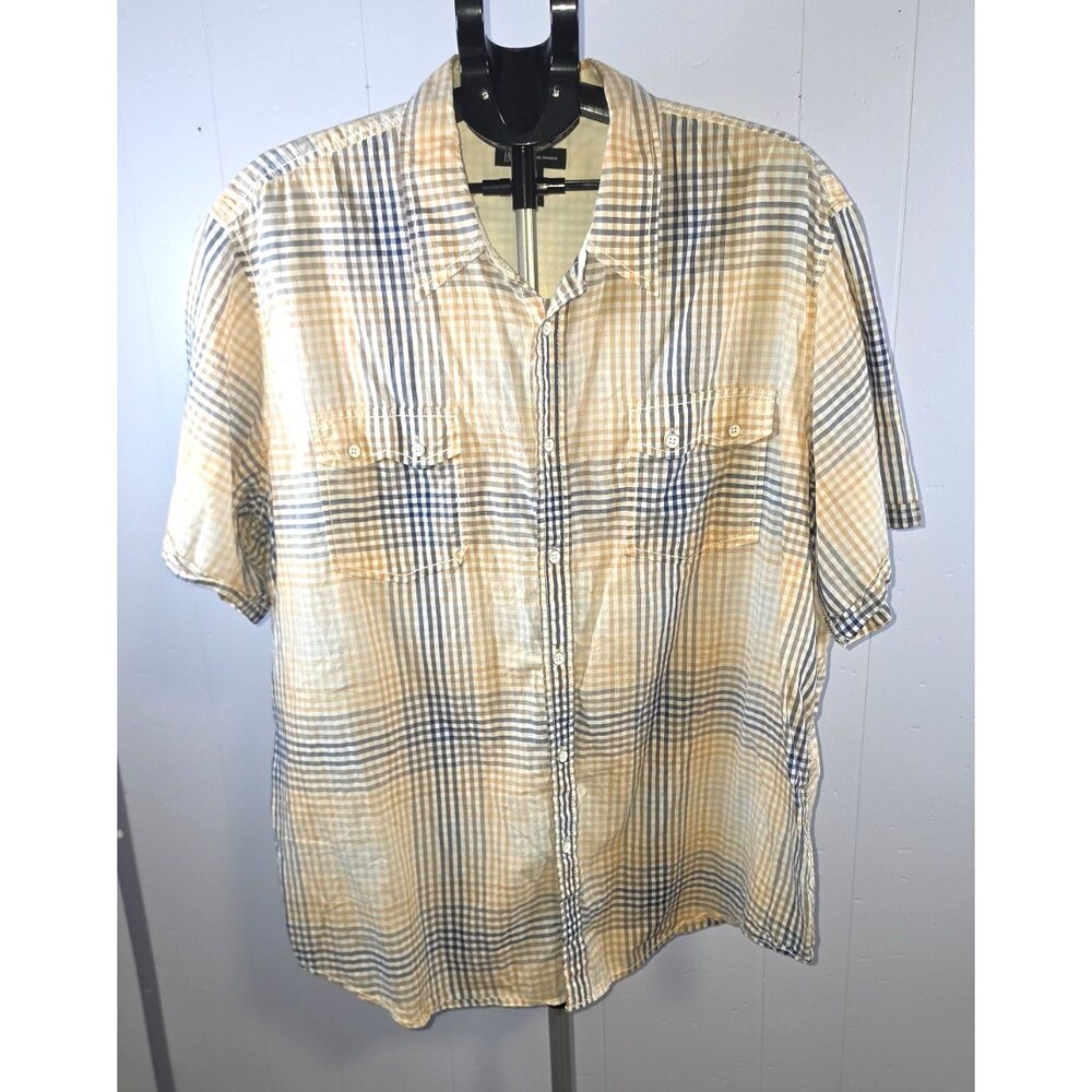 INC International Concepts Mens 100% Cotton Beige Blue Plaid Shirt 2XB Button